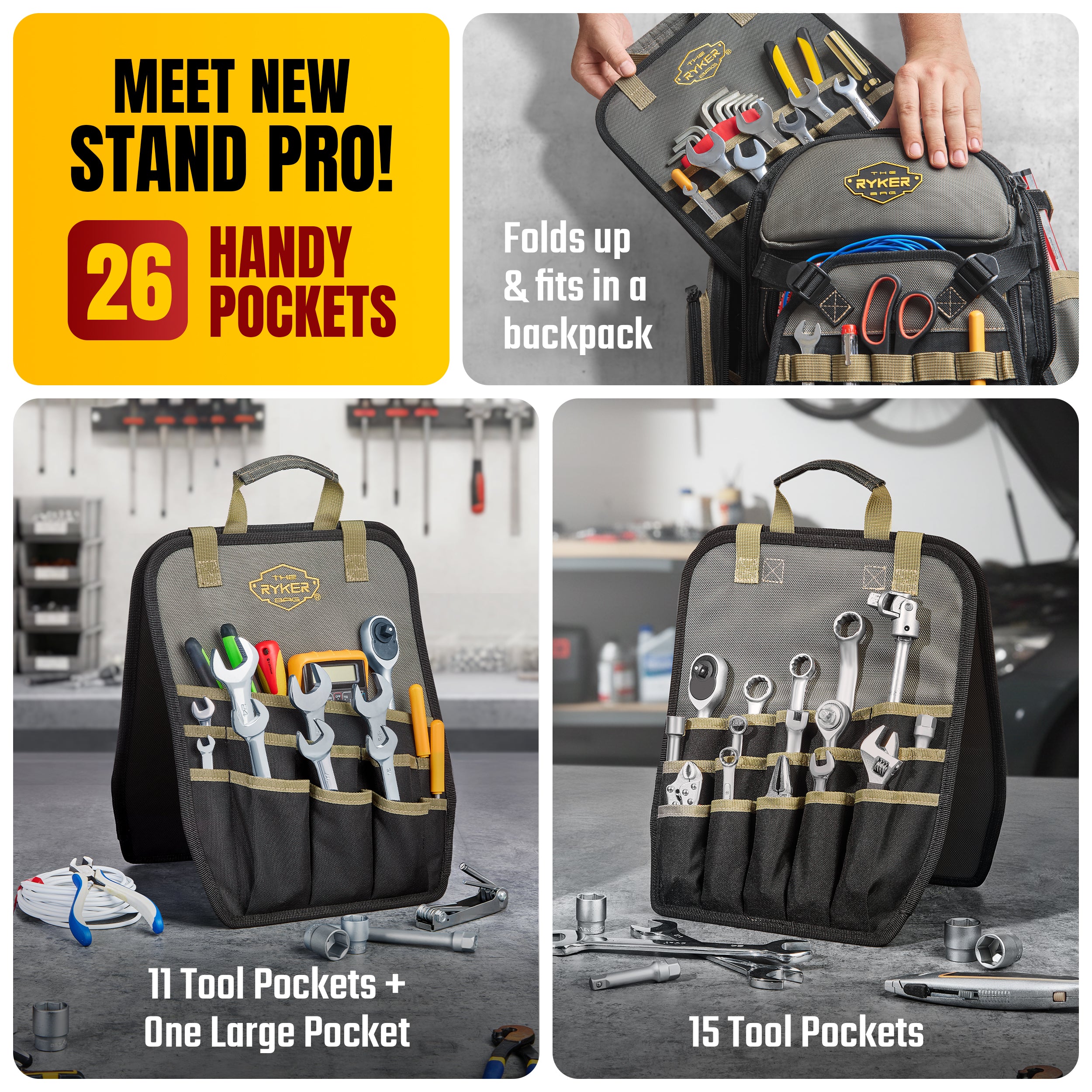 Tool Backpack + ProStand – 48-Pocket Heavy-Duty Tool Bag & 26-Pocket Foldable Organizer for Professionals