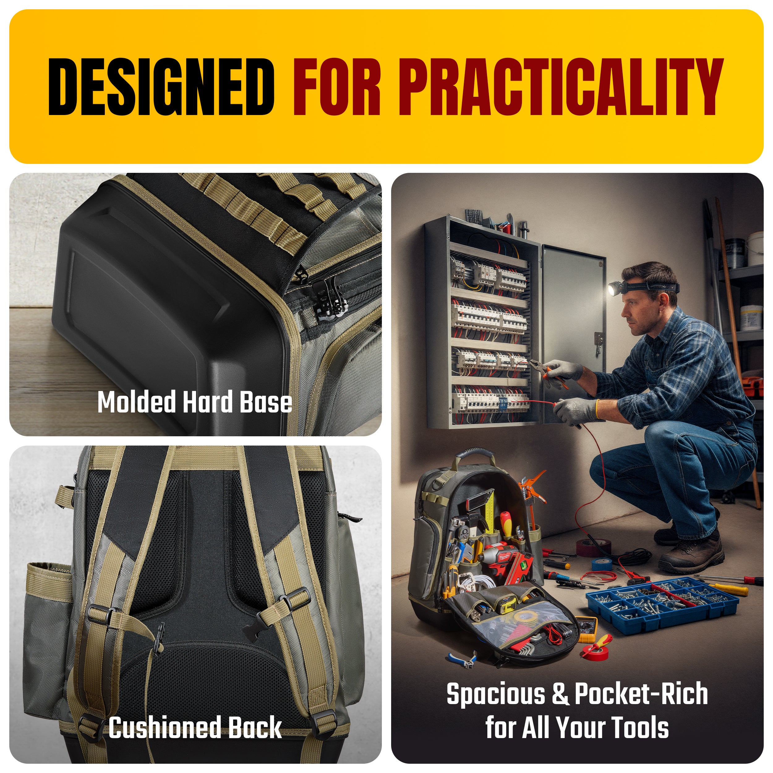 Tool Backpack + ProStand – 48-Pocket Heavy-Duty Tool Bag & 26-Pocket Foldable Organizer for Professionals