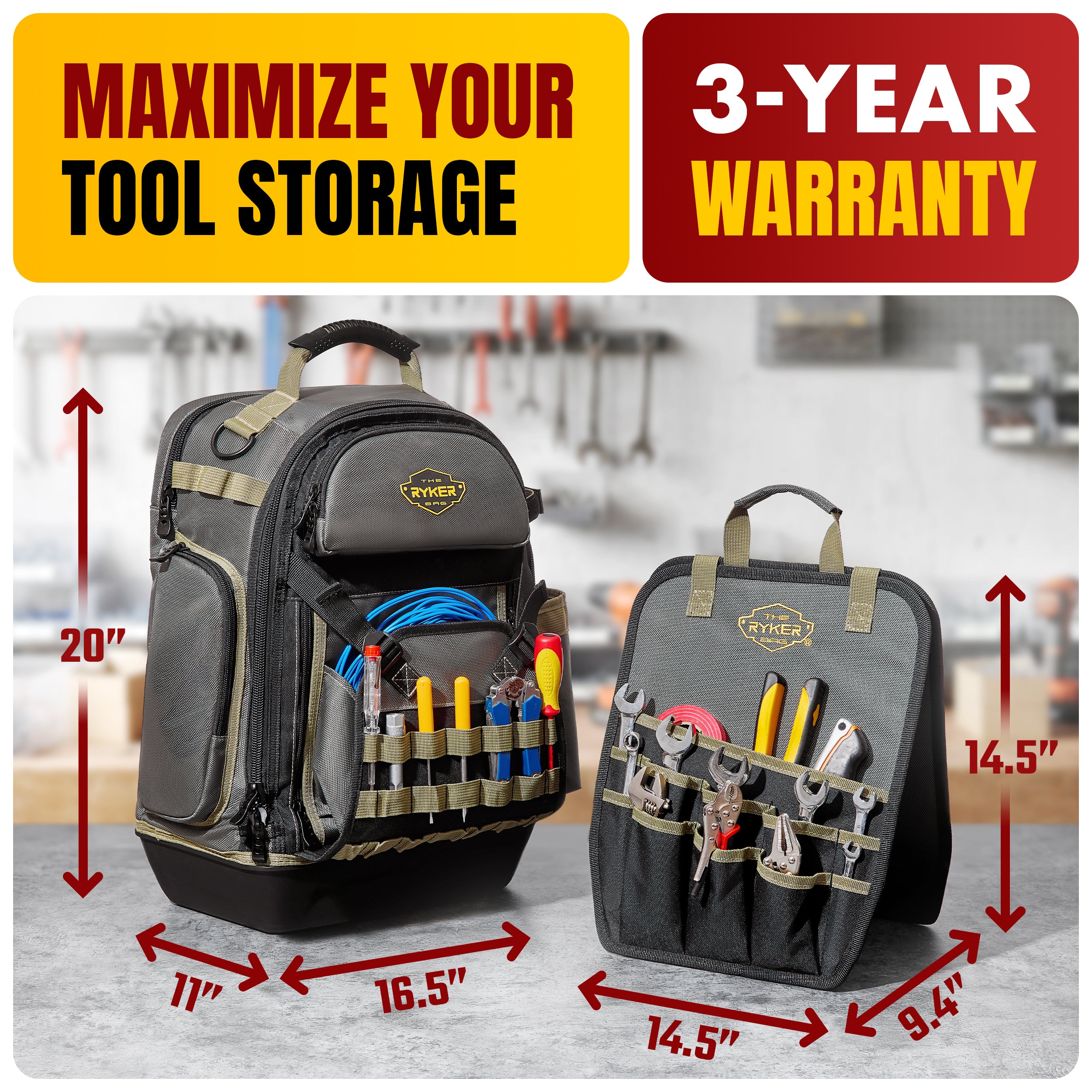 Tool Backpack + ProStand – 48-Pocket Heavy-Duty Tool Bag & 26-Pocket Foldable Organizer for Professionals