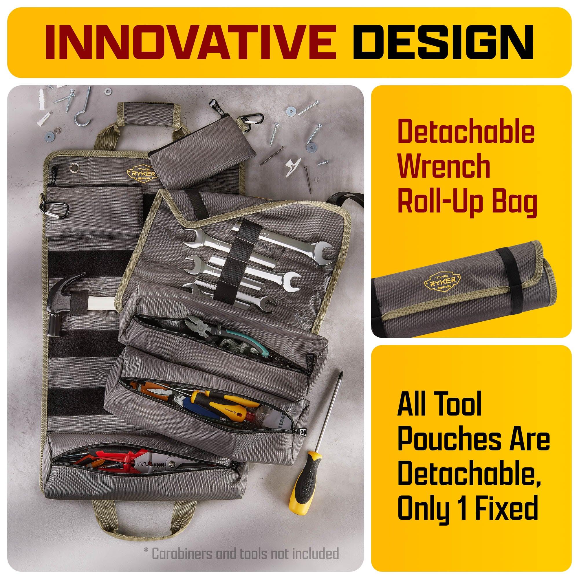 Anttctig Tool Bags, Heavy Duty Roll Up Tool Bag Organizer and Storage with  3 Detachable Tool Pouch+1 Wrench Organizer+2 Small Pockets, Gifts for Dad  Tool Roll with Adjustable Shoulder Strap - Amazon.com